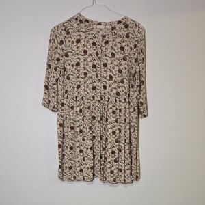 Hinge Long Sleeve Floral Dress in Cream and Brown